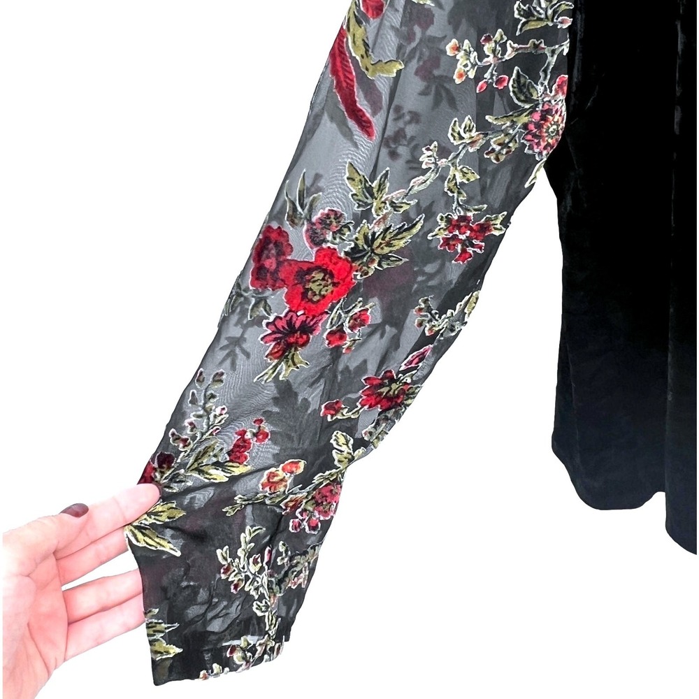 Adiva Womens Top 3X Black Velvet Sheer Embroidered‎ Red Floral Sleeves Romantic - Picture 4 of 8